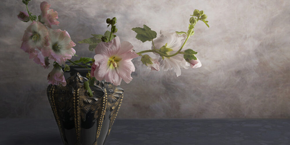 Still life with hollyhocks